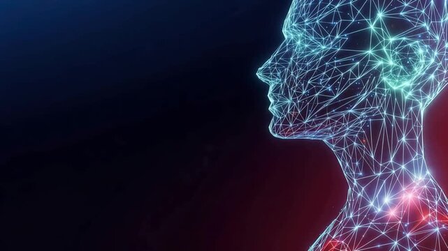 Abstract 3D human head made of glowing interconnected lines and nodes against a dark, blurred background. ..Created with Generative AI, not depicting real subjects.