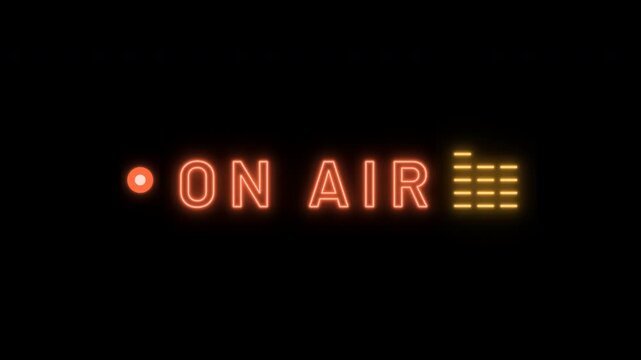 Neon on air sign with audio level meter animation for podcast and broadcast studio.