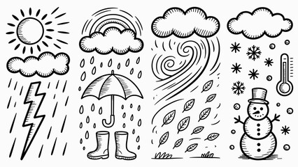 Obraz premium Weather icons collection illustrating seasonal changes with snowman, rain, storm, and sun elements