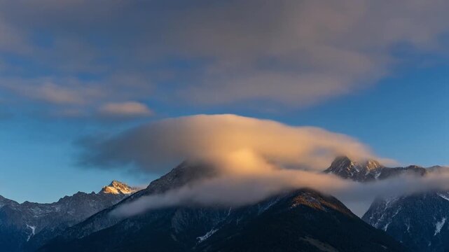 Majestic Mountain Peaks At Sunrise With Golden Clouds, Alpine Landscape