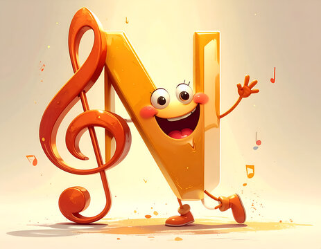 Animated musical treble clef character dancing with musical notes against a bright cheerful background
