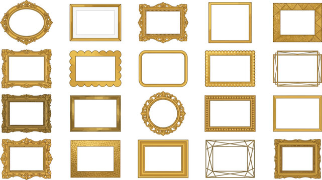 Vintage gold picture frames set, antique ornate golden borders collection, 20 decorative vector frames for gallery wall and wedding invitation design