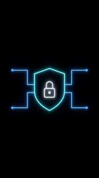 Neon glowing cyber security shield and lock animation representing digital data protection.