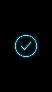 Neon blue glowing verified checkmark animation appearing on a black background for approval and validation concepts.