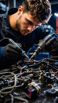 Man auto electrician soldering wires in repair shop. Professional mechanic performing car electrical system diagnostics and chip tuning. Technical automotive maintenance service work.