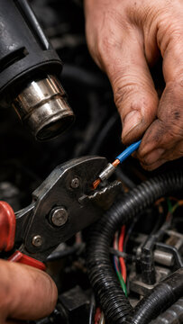 Auto electrician using crimping tool to connect wire in car engine. Technician repairing electrical system of vehicle. Automotive diagnostic and chip tuning service, garage work.