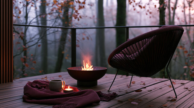 Cozy wooden terrace rest area in a foggy autumn forest with a round chair, fire pit, burgundy blanket and tea cup, tranquil solitude scene for wellness, meditation and retreat content.