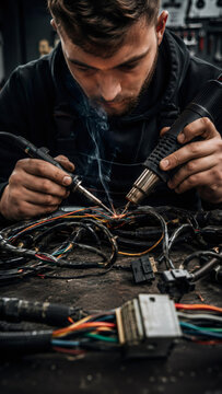 Auto electrician soldering wire in workshop. Man repairing car harness with heat gun and soldering iron. Professional diagnostics, automotive chip tuning and vehicle wiring concept.