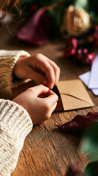 Close-up of a child's hands opening an envelope-style Advent calendar, a festive December countdown moment for Christmas designs.