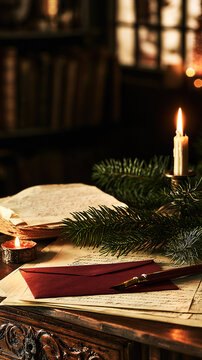 Christmas composition of handwritten notes, an ink pen and a burgundy envelope beside a pine branch and lit candle, a cozy scene of writing holiday greeting letters.