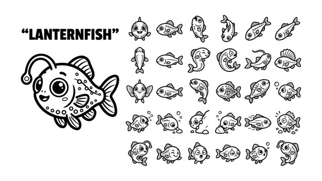 Cute Lanternfish Collection: A playful assortment of adorable lanternfish illustrations, showcasing a variety of expressions and poses, perfect for adding charm to any project.