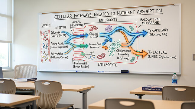 Educational diagram of cellular nutrient absorption pathways drawn on a classroom whiteboard