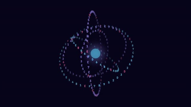 Futuristic quantum computing concept with rotating hexadecimal code rings forming an orbital gyroscope.