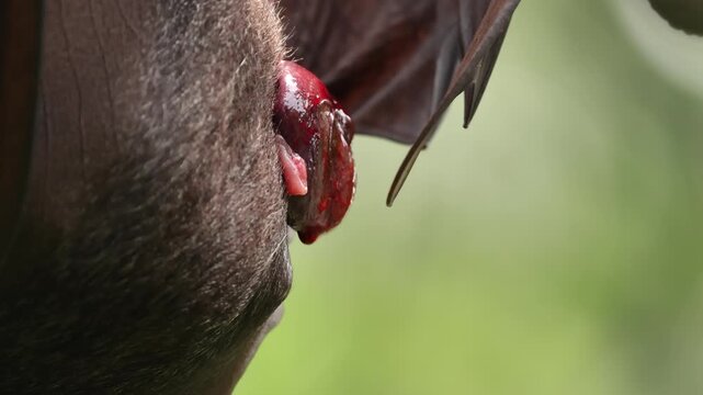 A female flying fox has just given birth to her newborn pup, still covered in blood and attached by the umbilical cord. Hanging upside down from a tree branch, the mother carefully licks and cleans