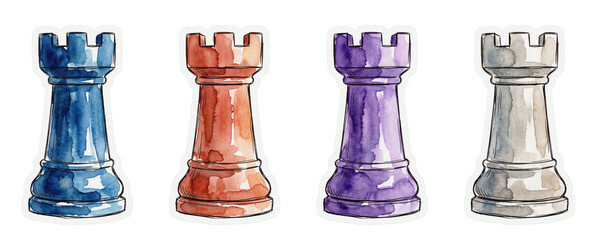 Watercolor chess rooks illustration featuring blue, red, purple, and white castle pieces set against a clean white background © Septi.First