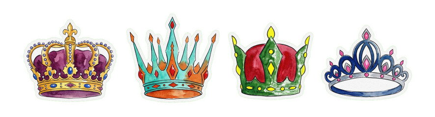 Watercolor collection of regal crowns in purple, turquoise, green, and blue adorned with jewels © Septi.First