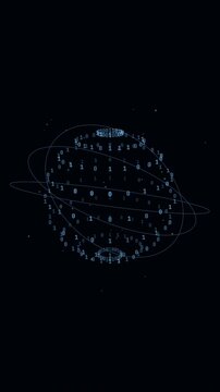 Abstract digital sphere of binary code data rotating in dark orbital space background.