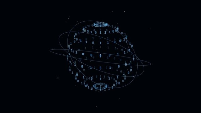 Abstract seamless loop of a digital sphere made of binary code rotating in orbital space.