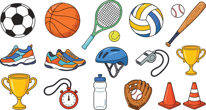 Thick outline cartoon sports equipment vector asset set featuring assorted balls running shoes protective helmet championship trophies and gym accessories isolated on white background