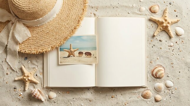 Open Book on Beach Sand with Straw Hat and Starfish.