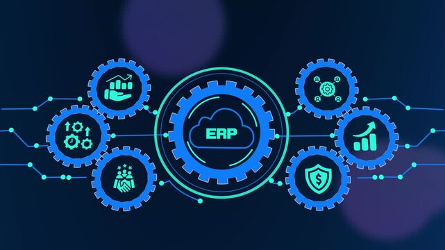 ERP enterprise resource planning technology connecting finance, operations, management, analytics and business systems.