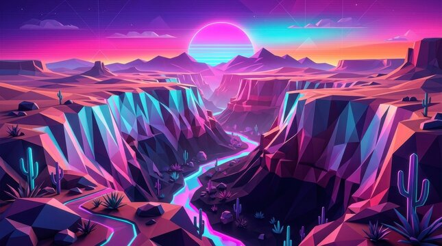 A 3D low poly geometric desert canyon landscape illuminated by a vibrant synthwave sunset.