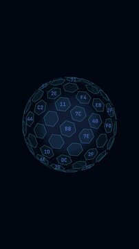 Orbital geodesic assembly of a digital data sphere with glowing hexagonal plates on a dark background.
