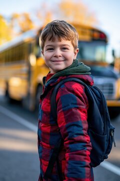 Young student smiling while walking toward school bus on a sunny morning