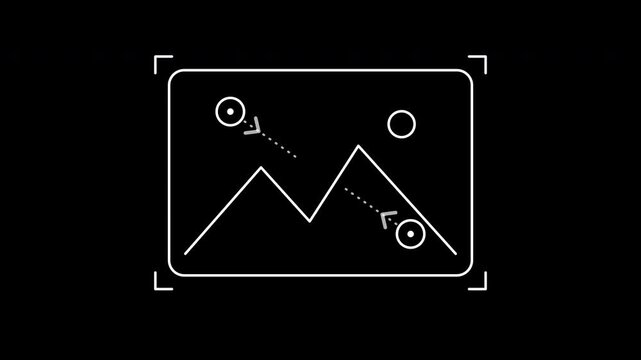 Animated line icon showing touch gestures for zooming and pinching a photo frame on a mobile interface.