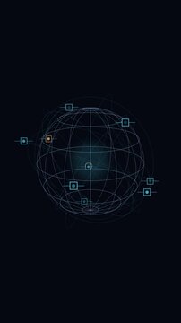 Abstract 3D animation of a global satellite network orbiting a wireframe globe for digital connectivity concepts.
