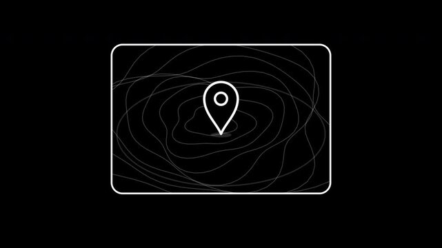 Minimalist animation of a location pin dropping on a topographic contour map with a ripple effect.