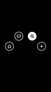 Minimalist white line icon radial menu animation revealing home search chat and add options on a black background.