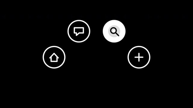 Animated radial menu interface with touch icons for mobile application navigation on black background.