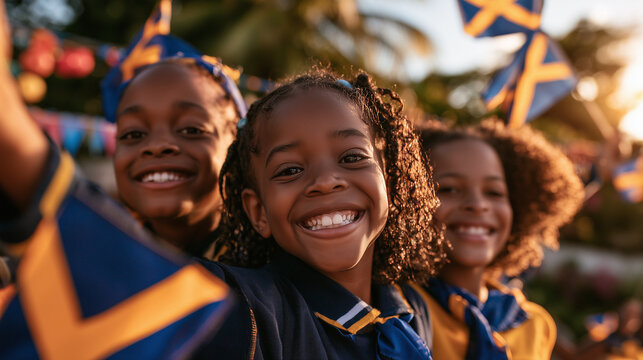 Joyful Young Children Celebrating Barbados Independence Day With Pride and Smiles While Waving National Flags During an Outdoor Community Festive Event