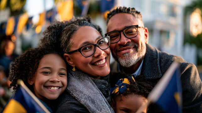 A Joyful Multicultural Family Celebrating Together During The Annual Barbados Independence Day Festivities Outdoors Under The Warm Afternoon Light