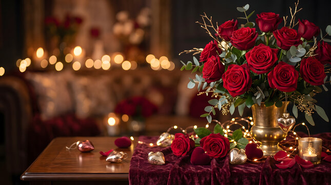Red roses and heart decorations create a romantic floral arrangement