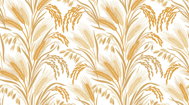 Golden Wheat Ear Seamless Pattern Vector Illustration Featuring Ripe Barley Stalks, Cereal Oat Sheaves, Rhythmic Botanical Elements, and Autumn Harvest Background Fabric Texture