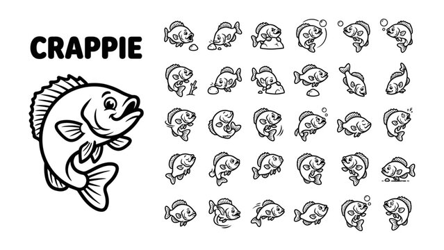 Crappie Fish Cartoon Collection: A large illustration of a crappie fish with a smaller collection of various crappie fish icons displaying different emotions and actions.