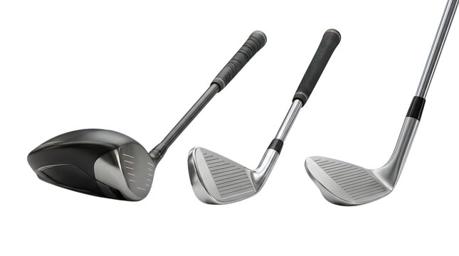 Golf clubs driver iron and wedge set isolated on transparent background