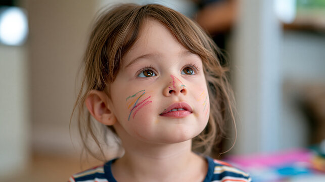 Close up of a toddler's face streaked with crayon marks from accidental self decoration, wide eyes looking up with an expression caught between mischief and surprise, colorful