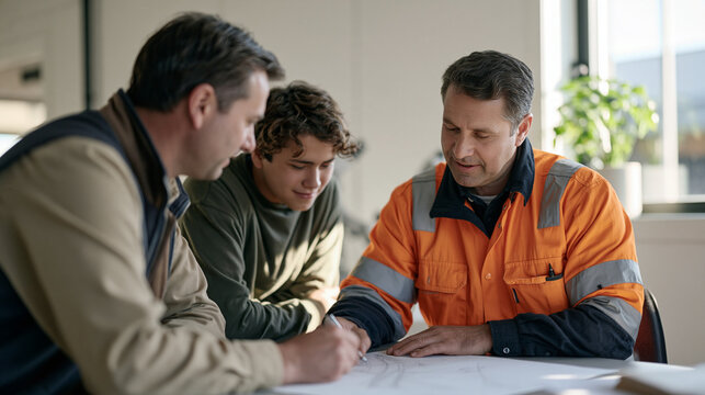 A railroad maintenance worker sketches a track repair plan on paper in a minimalist depot office, a small potted plant catching light on the windowsill, a senior engineer and