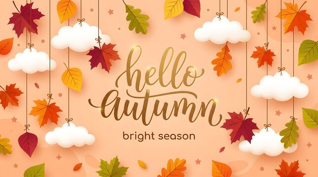 Hello autumn greeting card with colorful leaves and clouds background