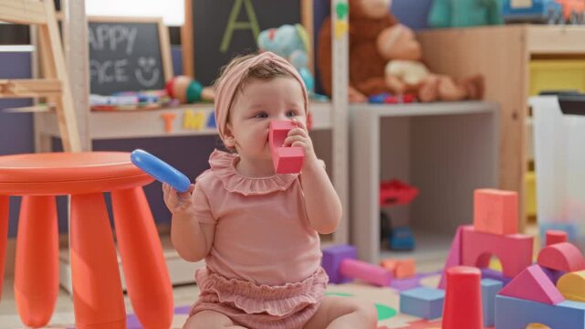 Baby girl sits crosslegged holding a blue plastic ring and putting a pink foam block to her mouth, bare legs and hands visible, surrounded by blocks and a red stool in a building; curiosity discovery.