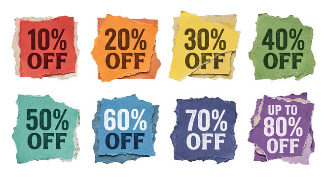 Torn paper sale tags set, colorful ripped paper notes with percentage off discount for craft promo and collage