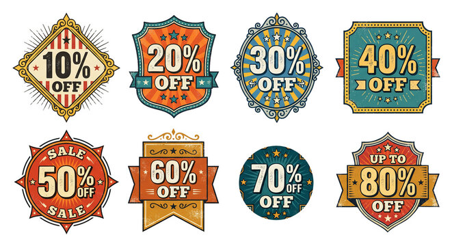 Vintage sale badges set, retro discount labels with percentage off for promo action and circus carnival design