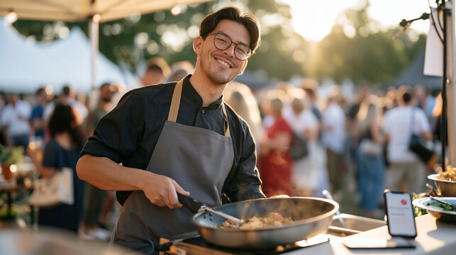 A catering professional warms a large serving pan on a crowded outdoor event site, a phone buzzing with a notification visible on the prep table edge, authentic small business