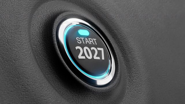 Finger about to press a car ignition button with the text 2027 start.happy new year 2027 start new project.concept of start with strategy,win,plan,goal and objective target
