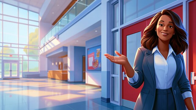 School administrator welcoming visitors at modern lobby entrance