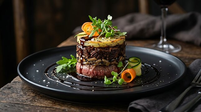 Gourmet beef steak tartare served on a black plate with fresh herbs and garnish