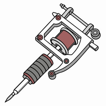Tattoo machine with metallic frame, dark red coils, and needle tip, isolated on a white background, line